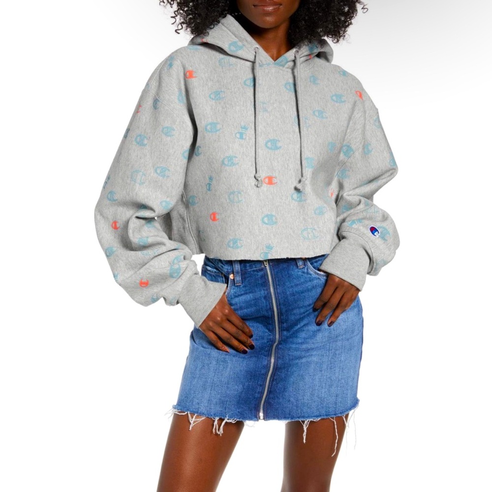 Champion Cropped Logo Hoodie Reverse Weave Size Small Gray